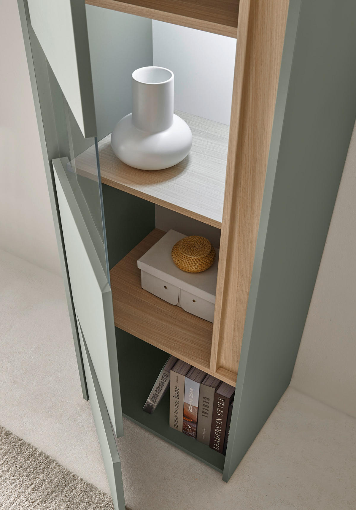 WOHNWAND Salbei grün, Eiche Barista, Wohnkombination Set 5-teilig mit XXL-TV-Schrank 440 cm - Salbeigrün/Eichefarben, Glas/Holzwerkstoff (440/180/40cm) - Furn.Design