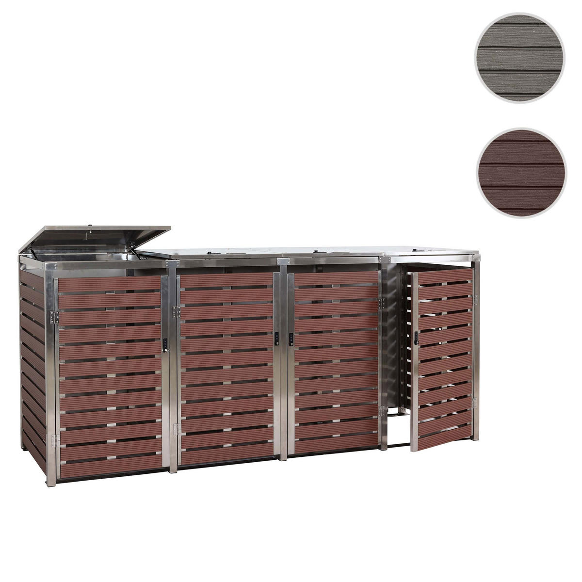 MÜLLTONNENBOX 4er HxBxT 120x264x85cm Walnuss-Holzoptik WPC Edelstahl 128kg - Braun, Metall (264/120/85cm) - PROREGAL