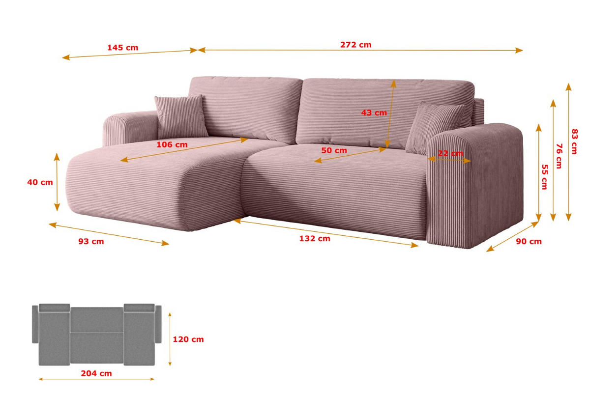 ECKSOFA mit Schlaffunktion und Bettkasten ORRO-L - 272x145x83 cm Rosa Cord - Schwarz/Rosa, Holzwerkstoff/Kunststoff (272/145cm) - ALTDECOR