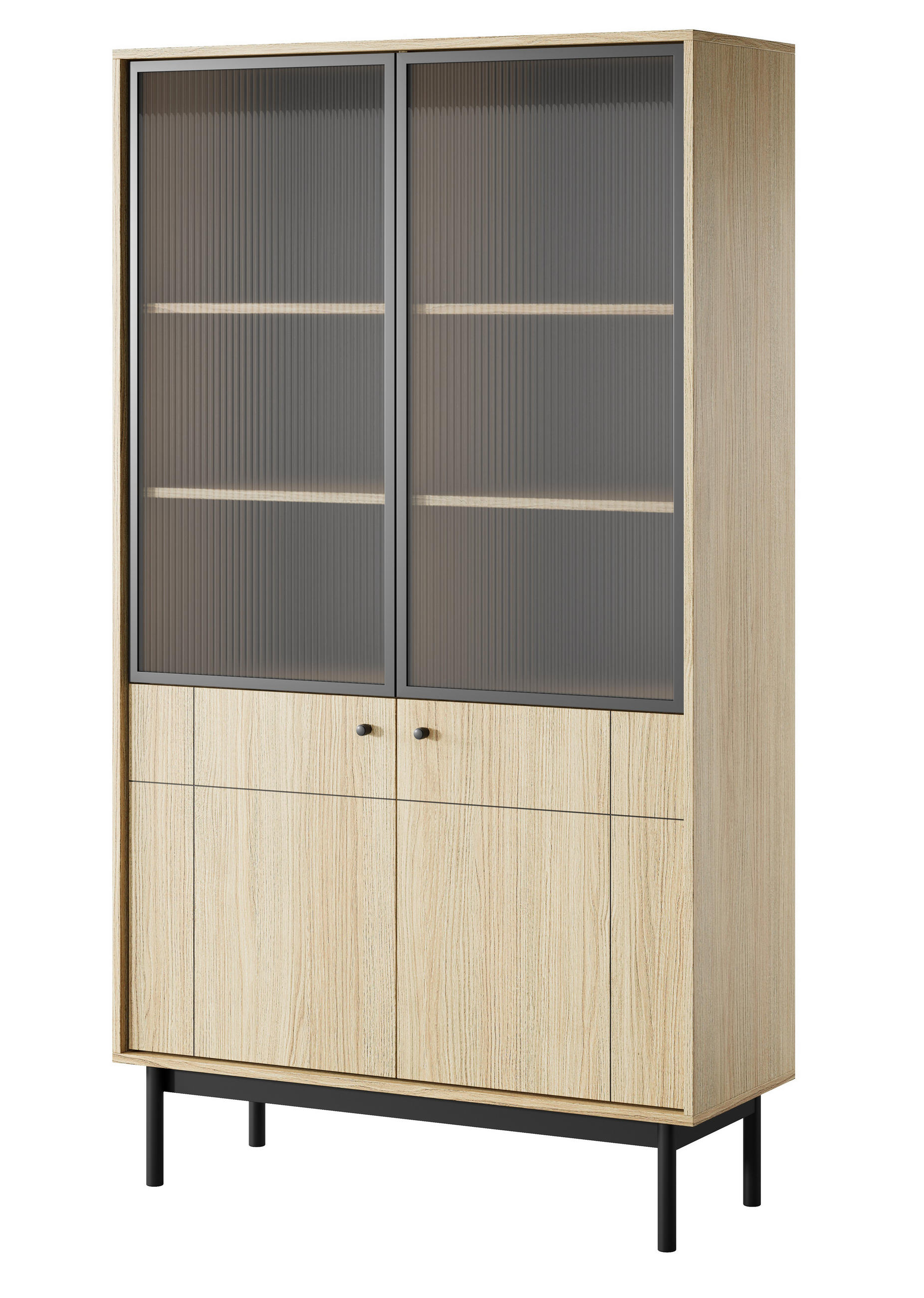 VITRINE 100 cm Lunaris 2 Türen, geriffelter Glasfront, Eiche Linea - Eichefarben, Holz (103/185/39cm) - Emporius