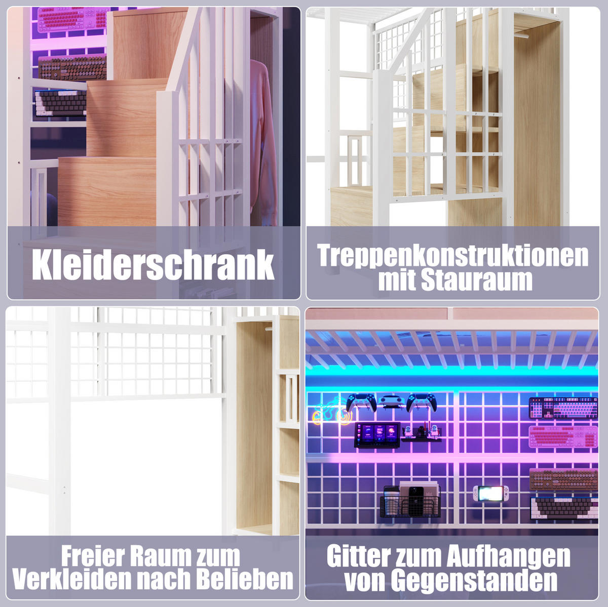 HOCHBETT aus Metall und MDF 90x200 cm Weiß mit Kleiderschrank, Stauraumleiter und 7-Farben-LED - Weiß, Metall (90/200cm) - IVMEU