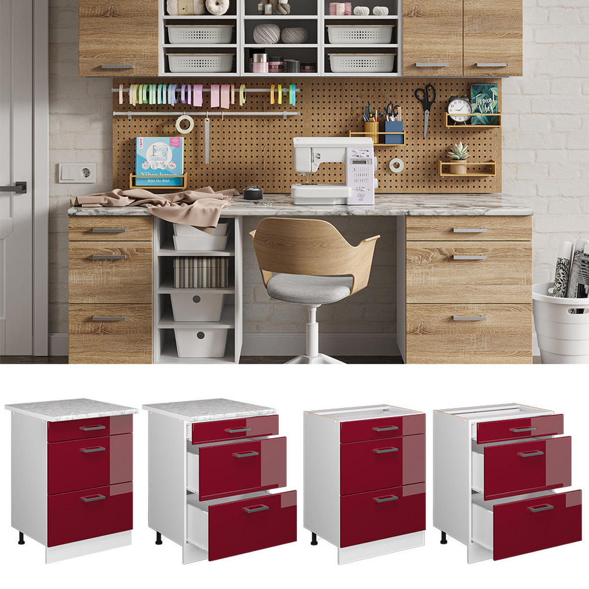 UNTERSCHRANK R-Line Bordeaux Hochglanz 60 cm mit Schubladen, ohne AP - Bordeaux/Weiß, Holzwerkstoff (60/81.6/46cm) - Vicco