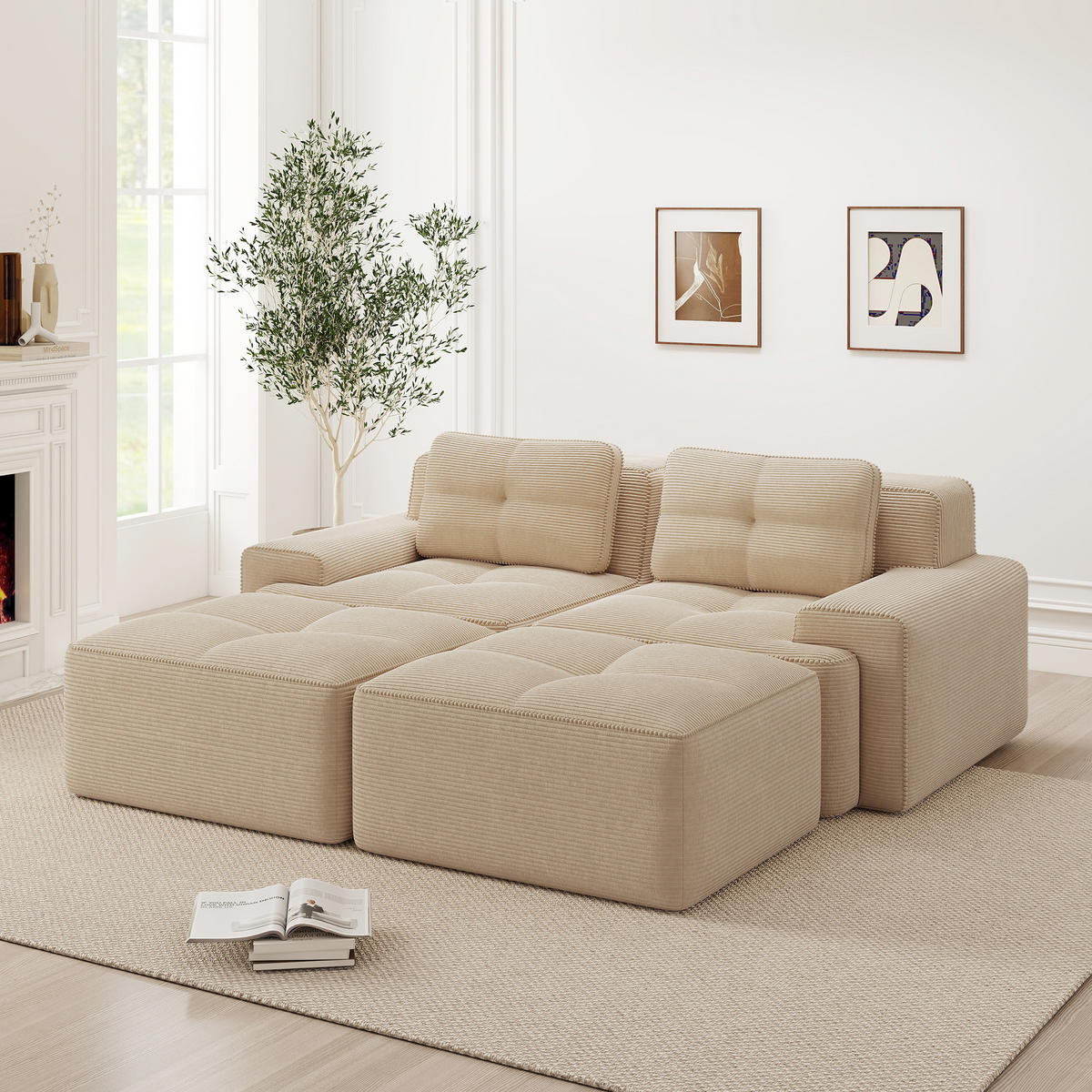 2-SITZER SOFA Cord Beige mit Ottomane - Beige, Textil (204/69/177cm) - WISHDOR