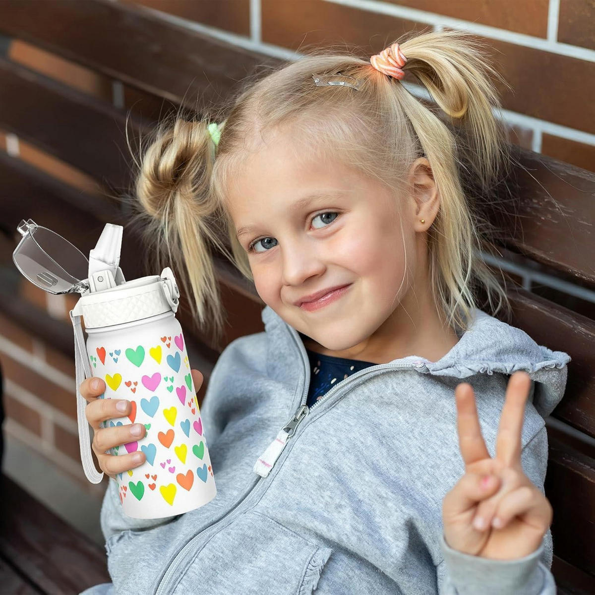 TRINKFLASCHE Kinder 420ml Edelstahl mit Strohhalm und auslaufsicherem Deckel BPA-frei Weißes Herz - Multicolor, Metall (7.5/7.5cm)