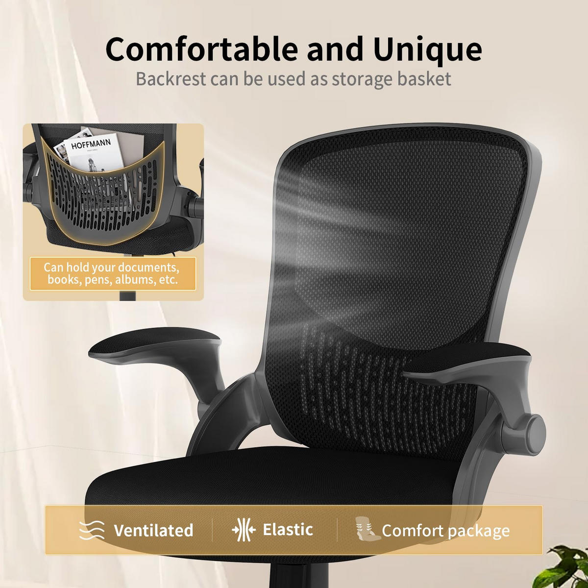 BÜROSTUHL ergonomisch, klappbare Armlehnen, mittelhohe Rückenlehne, Lendenstütze – Schwarz - Schwarz, Metall (60/100/60cm) - Rattantree