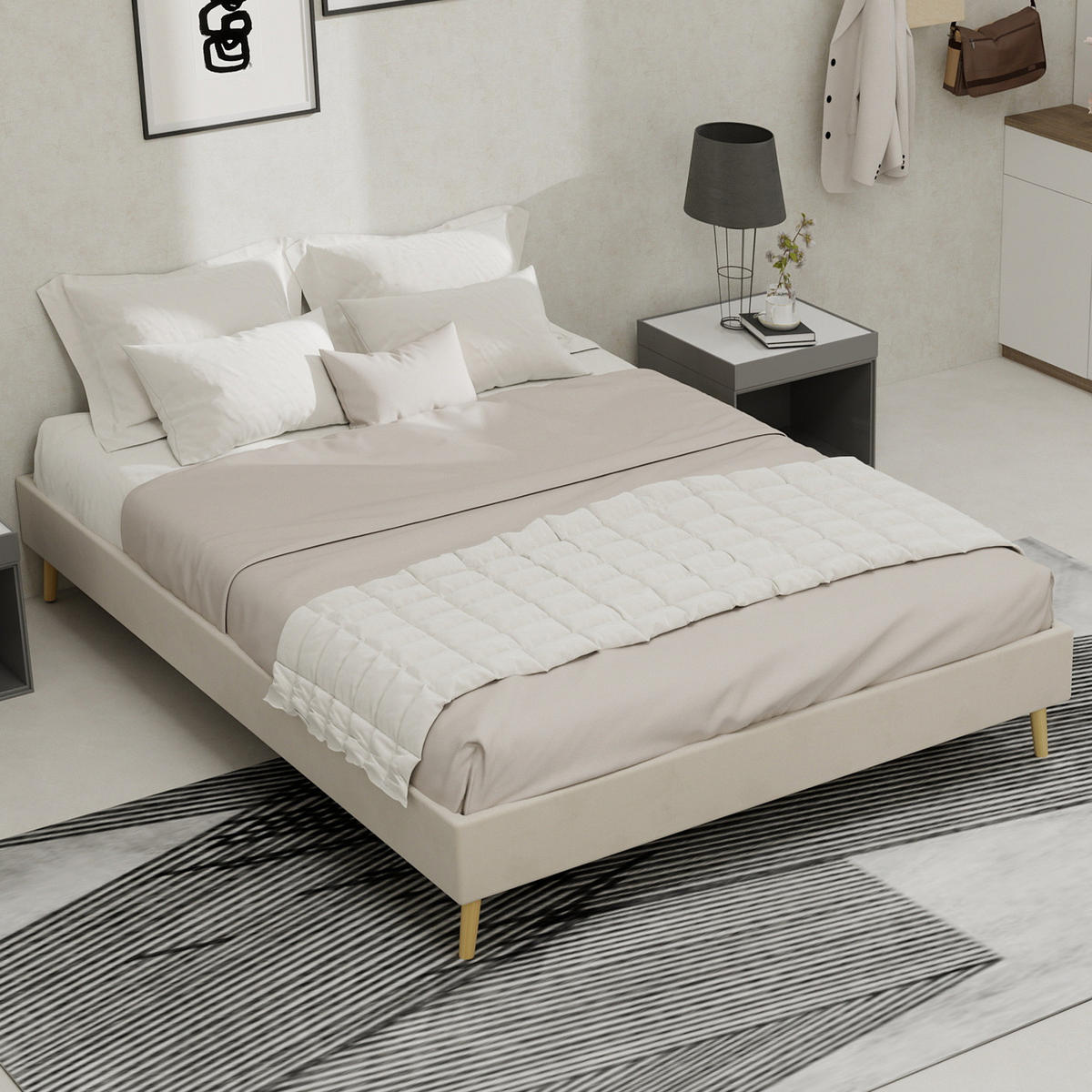 POSTEĽ 140/200 cm béžová z látky a kovu s pevným rámom a moderným nízkym profilom - béžová, textil (140/200cm) - OKWISH