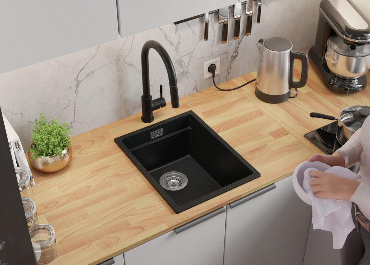 SPÜLBECKEN Praga Slim, 2-er set Anthrazit 36/47 cm 1 Becken + Ablauf-Set + Aufrollbare Abtropffläche ab 40er Unterschrank - Chromfarben/Anthrazit, Kunststoff (36/20/47cm) - Primagran