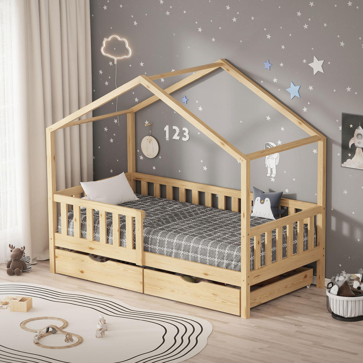 HAUSBETT 80x160 cm Natur aus Kiefernholz mit 2 Schubladen und Rausfallschutz - Beige, Holz (80/160cm) - ML-DESIGN