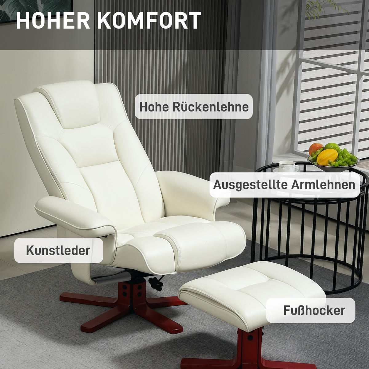 RELAXSESSEL mit Hocker, Fernsehsessel mit Liegefunktion, Wippfunktion, Cremeweiß - Creme/Dunkelrot, Leder/Holz (84/104/84cm) - HOMCOM
