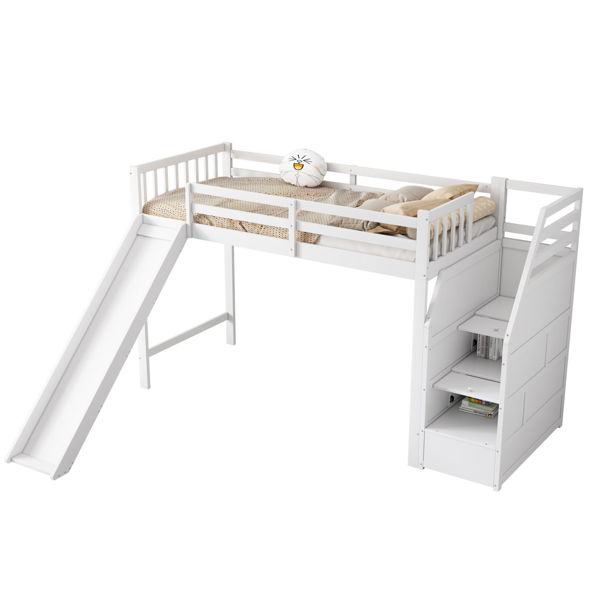 HOCHBETT 90/200 cm, Weiß mit Rutsche und Ablageleiter, ohne Matratze - Weiß, Holz (90/200cm) - MIVRAY