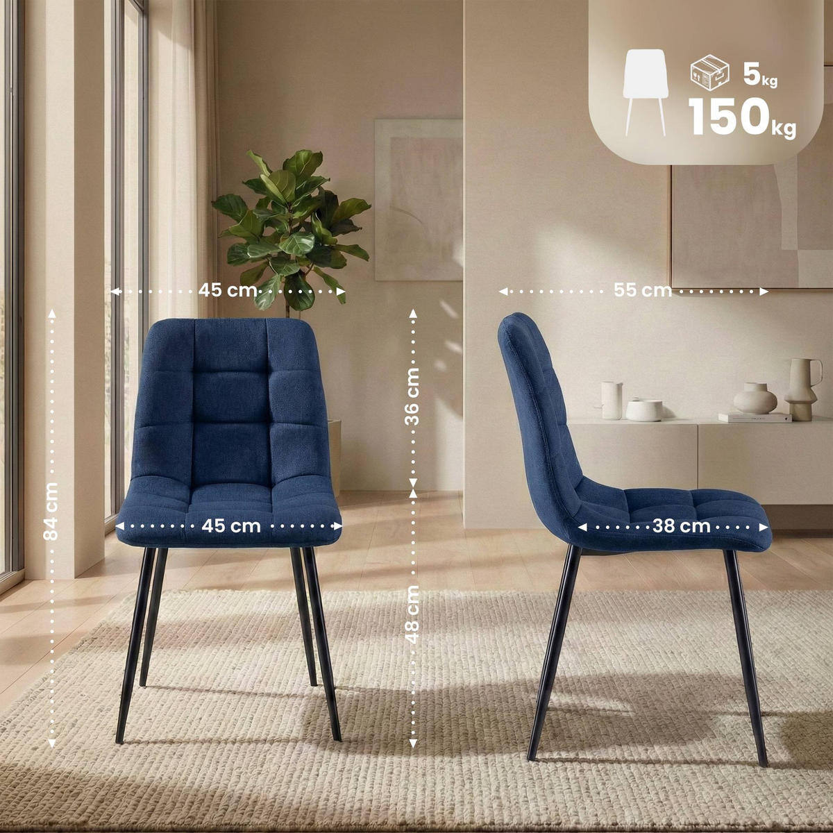 STUHL 4er Set Stoff Blau - Blau/Schwarz, Textil/Metall (45/84/55cm) - CLP