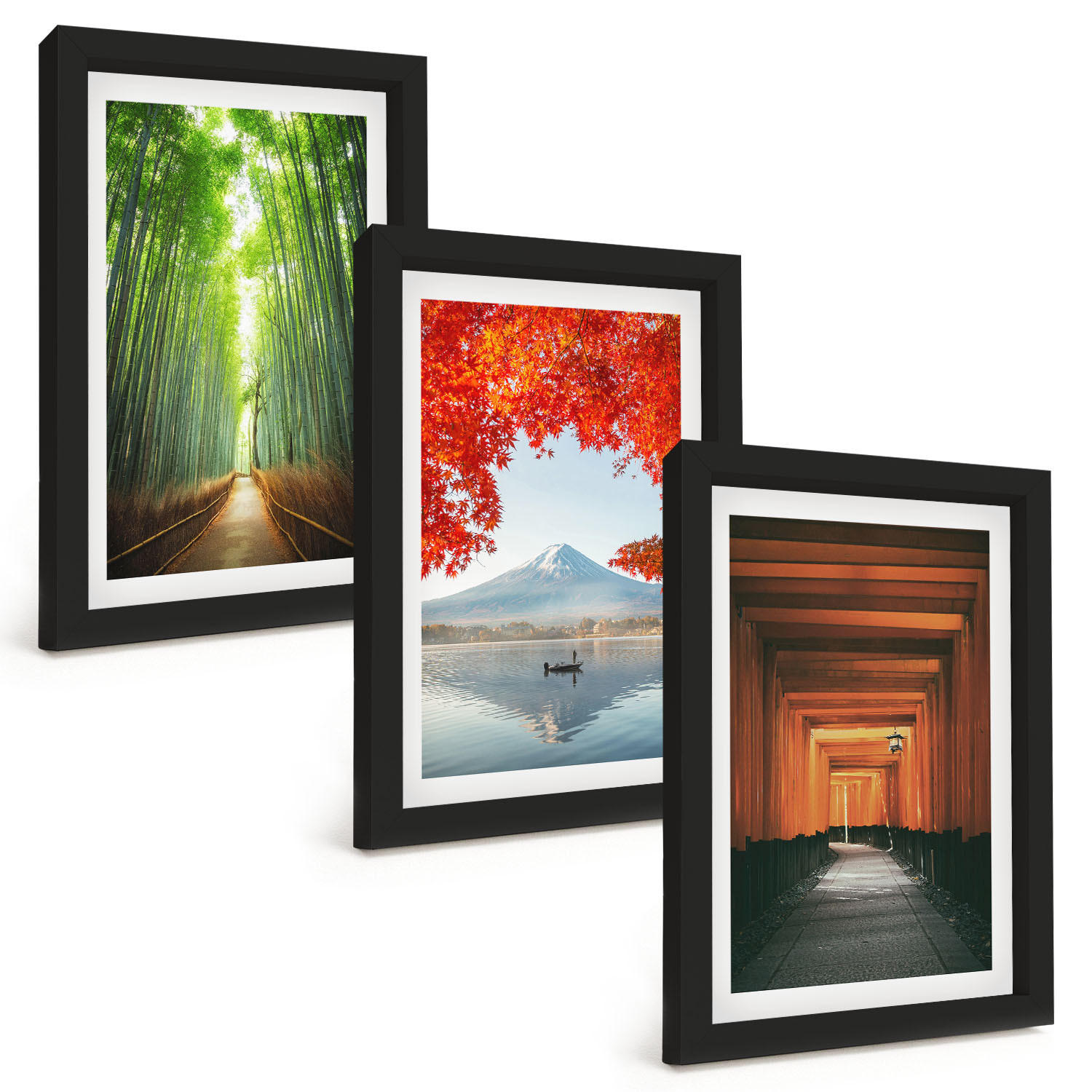 BILDER SET 3er Set - 20x30 cm Schwarzer Rahmen - Fuji-Bambuswaldlandschaft - Schwarz, Kunststoff (20/30cm) - TULUP