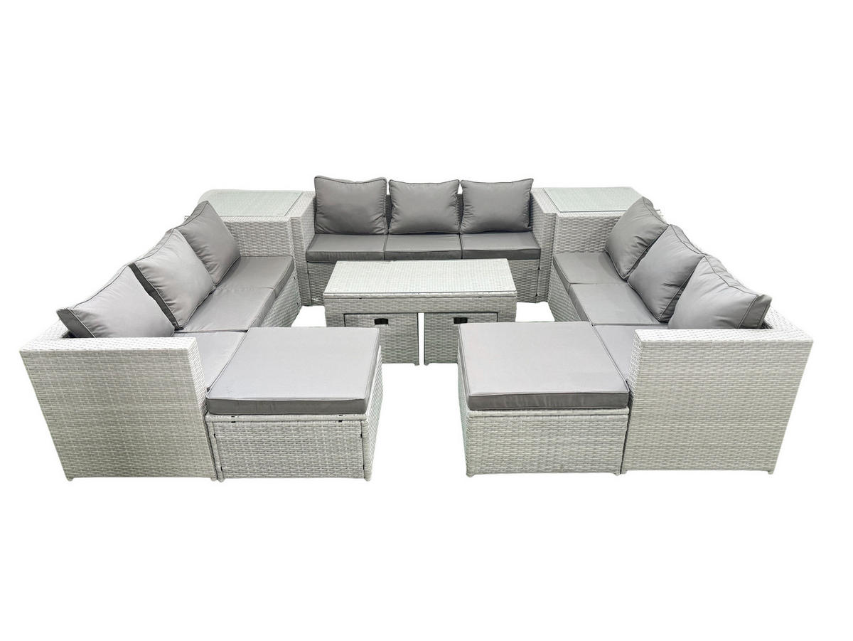 BALKONMÖBEL-SET Polyrattan Hellgrau-Mix 13-teilig - Hellgrau/Grau, Glas/Kunststoff - Fimous