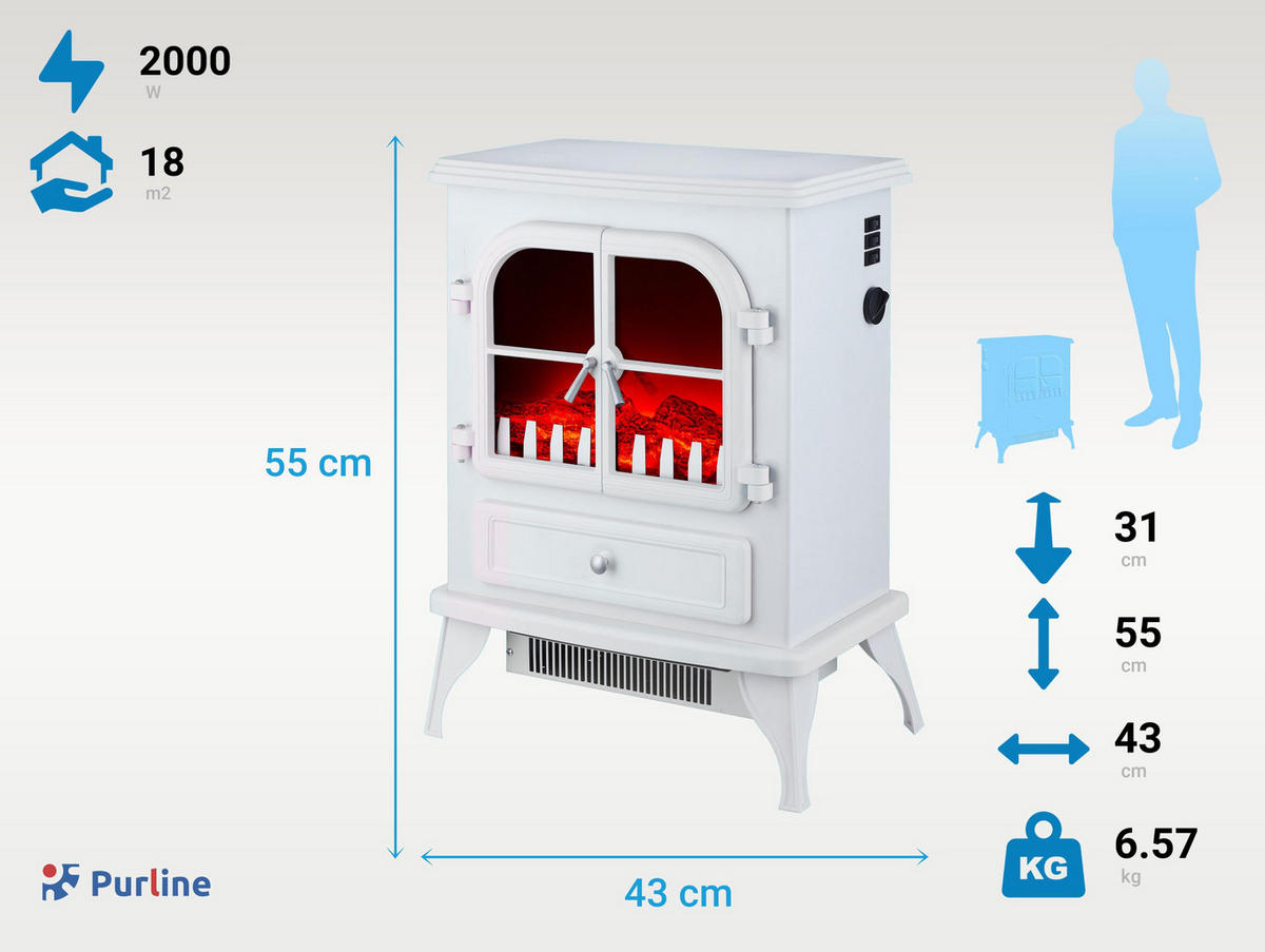 ELEKTROKAMIN Weiß Bodenmodell mit integrierter Heizung 2000 W - Weiß, Glas (43/55/31cm) - Purline