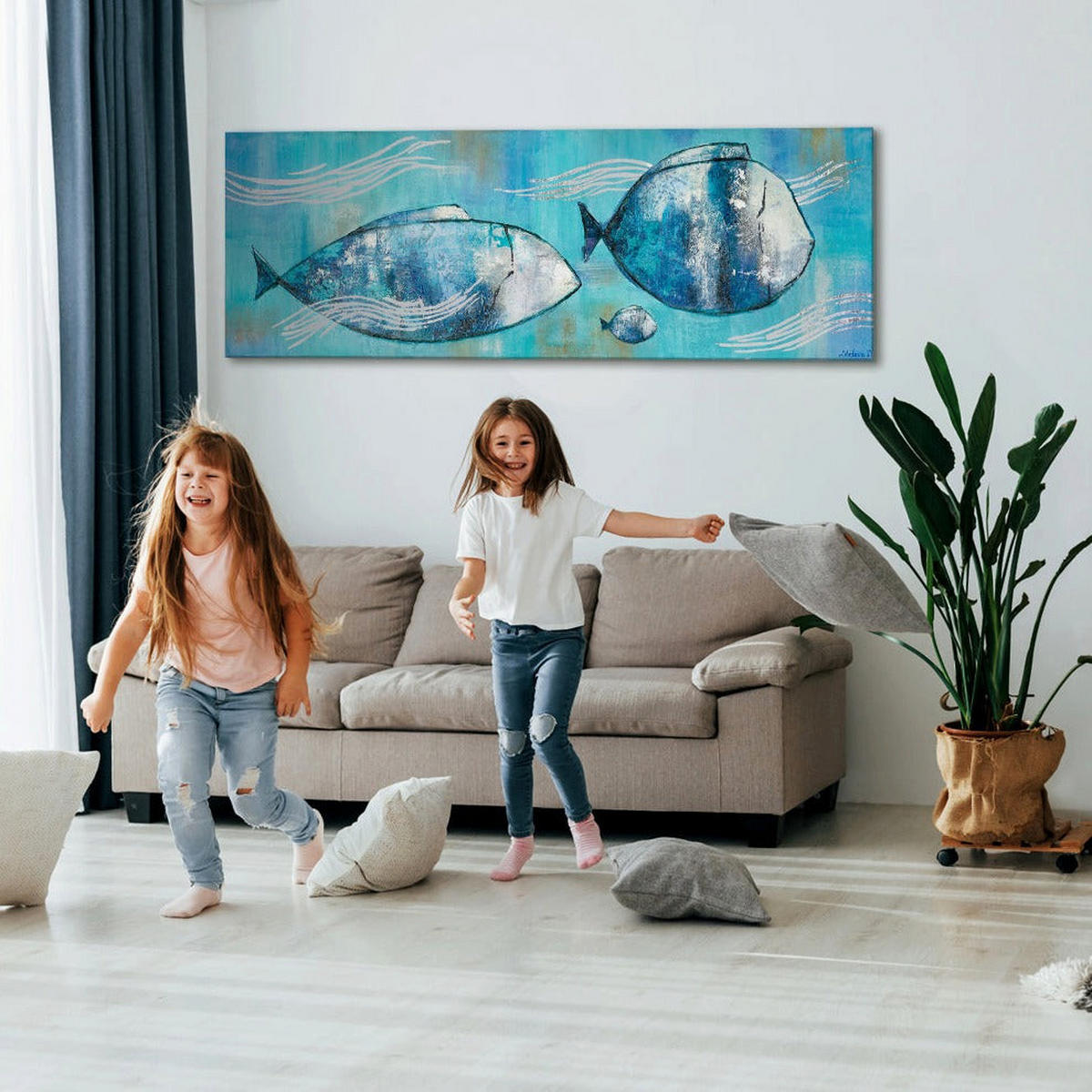 GEMÄLDE Reisende Fische auf Keilrahmen 150x50 cm - Blau, Holz (150/50cm) - YS-art gallery