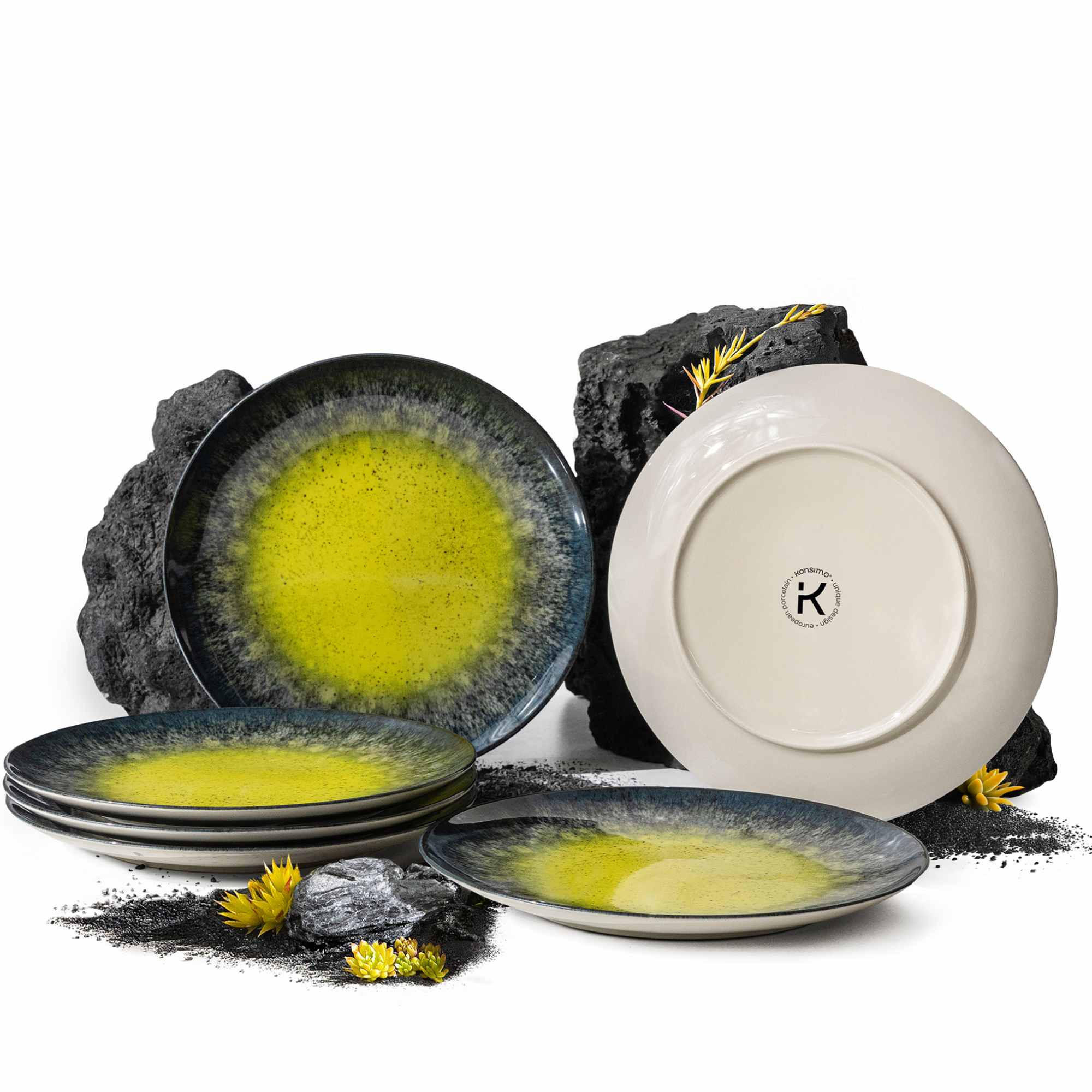 TELLER-SET LORENT 6-tlg Speiseteller Hartporzellan - Gelb/Dunkelblau, Keramik (27.5/1/27.5cm) - KONSIMO®