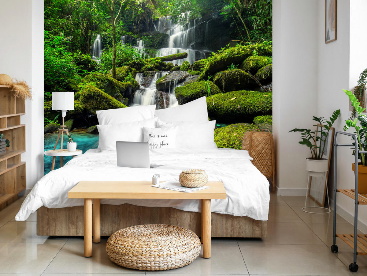 FOTOTAPETA Pre Kuchyňu Vodopád Džungľa Stromy Kamene Tropická 500 x 350 cm - modrá/sivá, papier (500/350cm) - Muralo