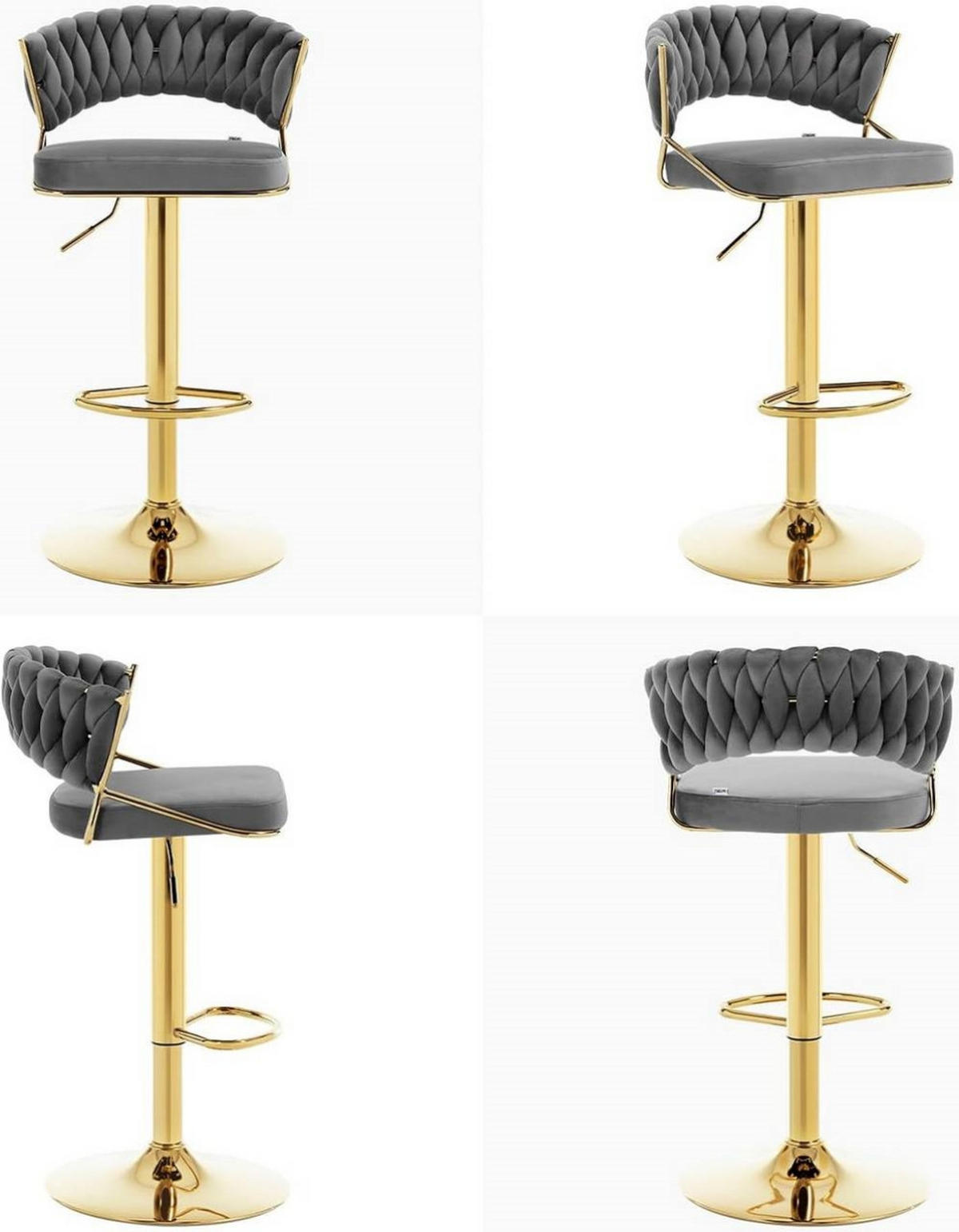 BARHOCKER 4er Set, mit geflochtener Rückenlehne, Samt, Dunkelgrau - Dunkelgrau/Goldfarben, Textil/Metall (48/83/46.5cm) - Woltu