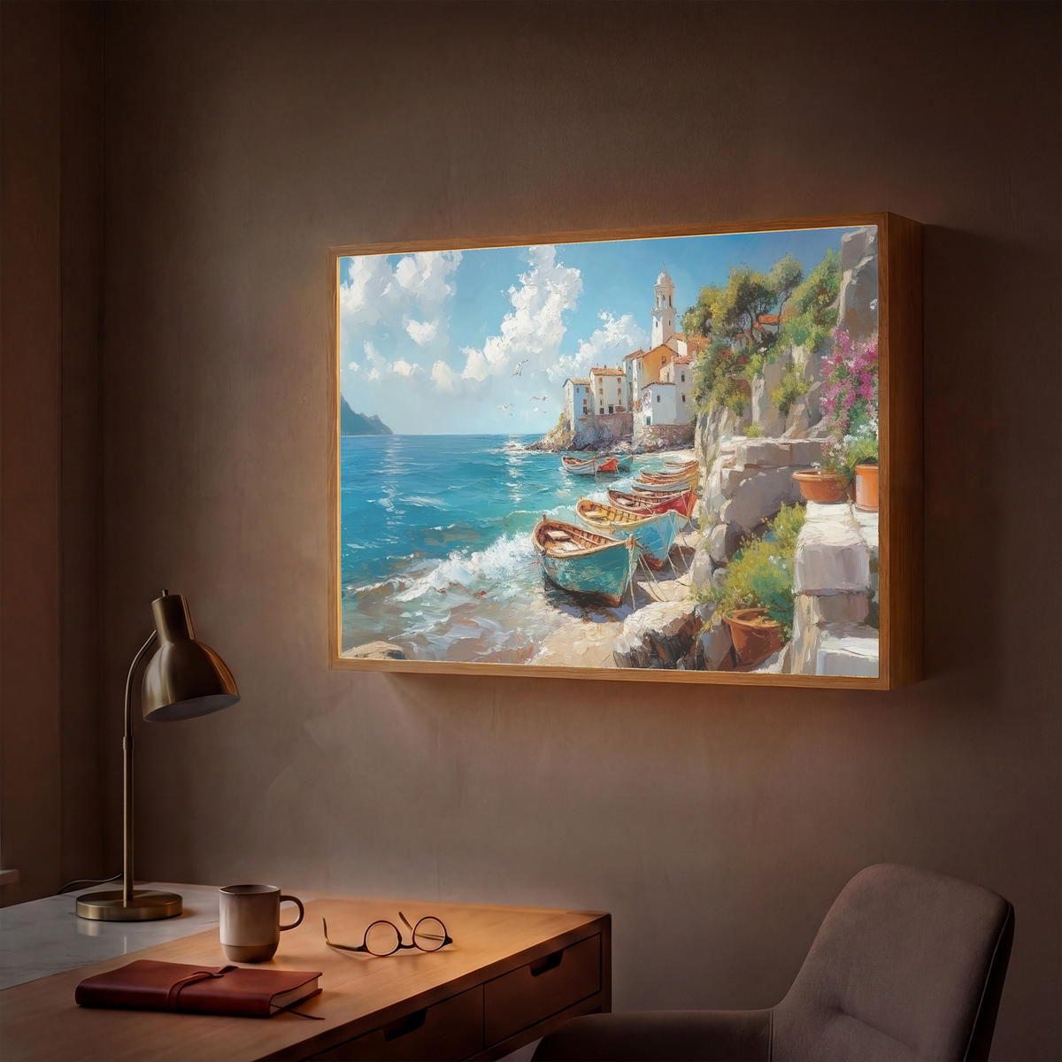 NÁSTĚNNÁ LAMPA S AKUMULÁTOREM Lodě - skály - moře - slunce 90x60 cm - modrá, kompozitní dřevo (90/60/8cm) - OnlyWow