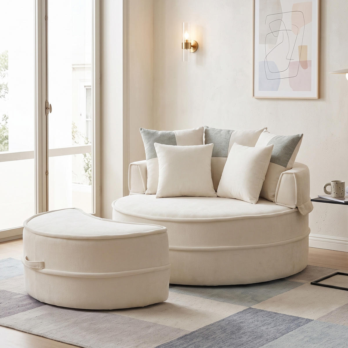 SESSEL Rundes Sofa mit Hocker & 5 Kissen Chenille Beige - Beige, Textil (163/66/121cm) - Urban Meuble