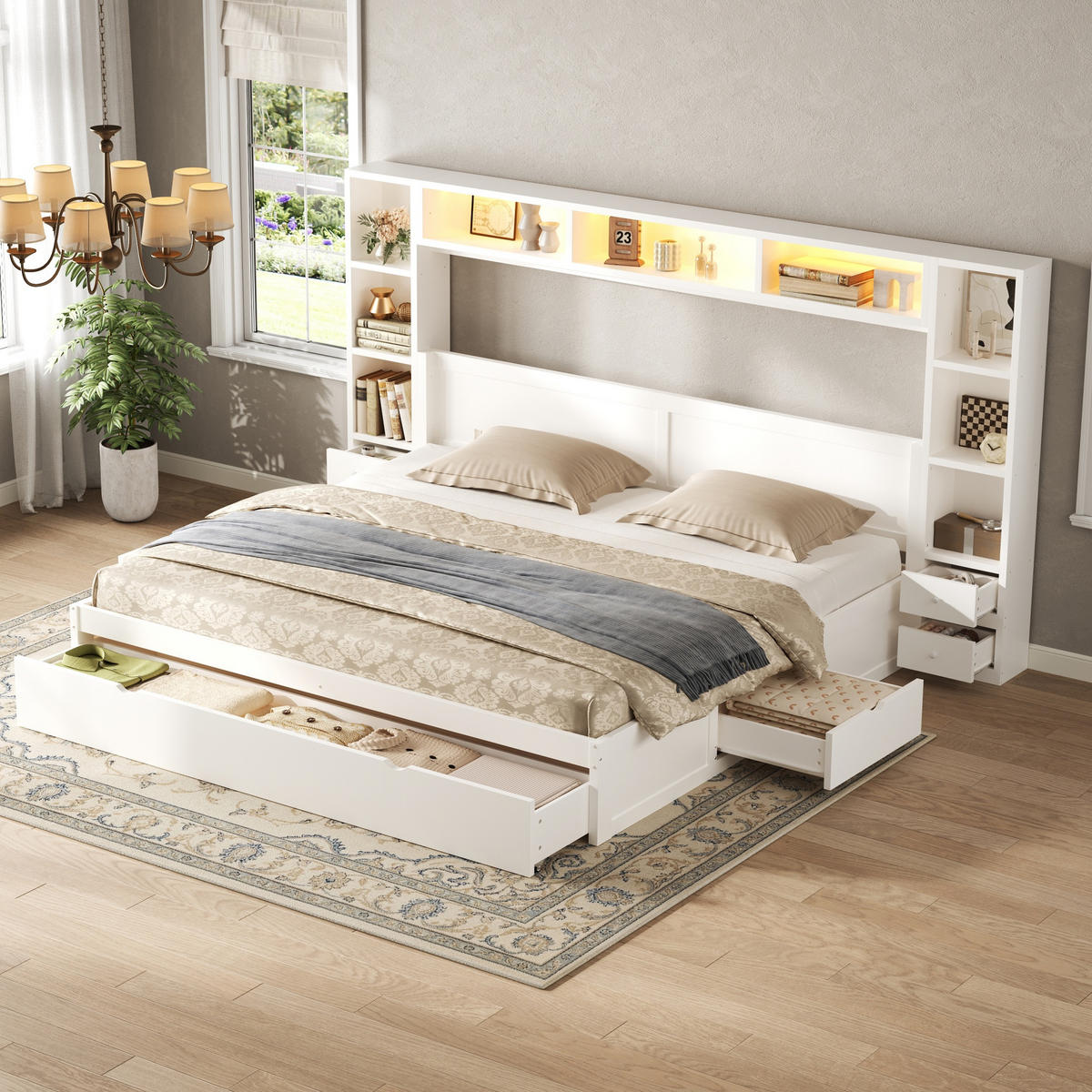 STAURAUMBETT 180 x 200 cm mit Kopf- und Fußteil, 7 Schubladen, Weiß - Weiß, Holz (180/200cm) - KOMHTOM