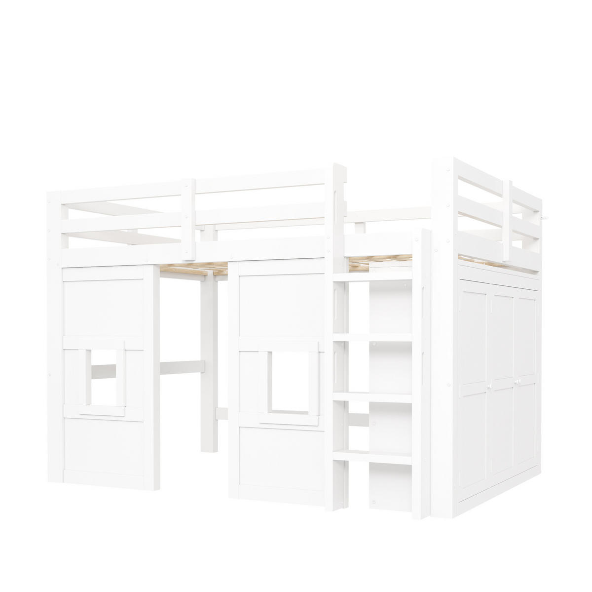 HOCHBETT 140/200 cm mit Kleiderschrank, 2 Fenstern und LED-Beleuchtung, aus Holz, Weiß - Weiß, Holzwerkstoff (140/200cm) - Redom