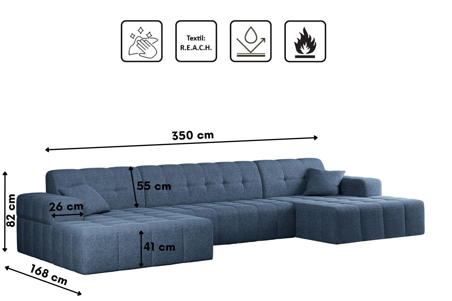 ECKSOFA U-form Wohnzimmer NIMES Stoff VERITA Marineblau - Blau, Holz/Textil (350/168cm) - Kaiser Möbel