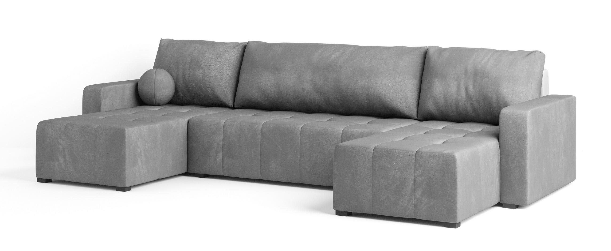 WOHNLANDSCHAFT TOLARI Hellgrau Plüsch-Stoff mit Schlaffunktion - Hellgrau, Holz (295/85/140cm) - MASSENO