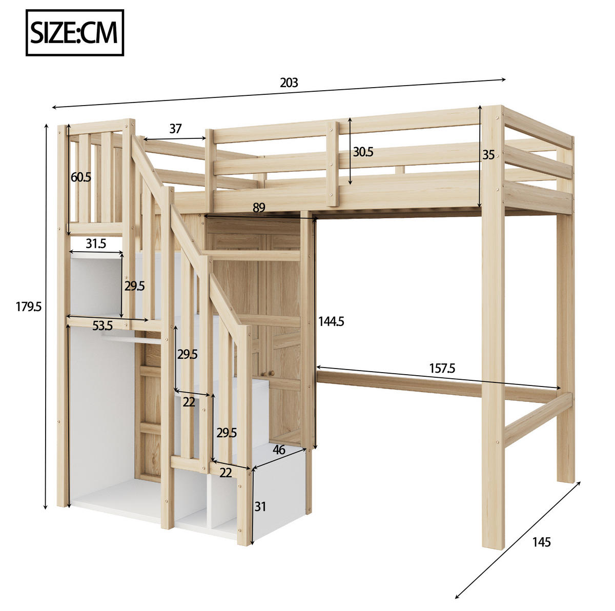 HOCHBETT 90/200 cm mit Kleiderschrank, Stauraumtreppe und offener Ablage aus Holzwerkstoff, Natur - Naturfarben, Holzwerkstoff (90/200cm) - Redom