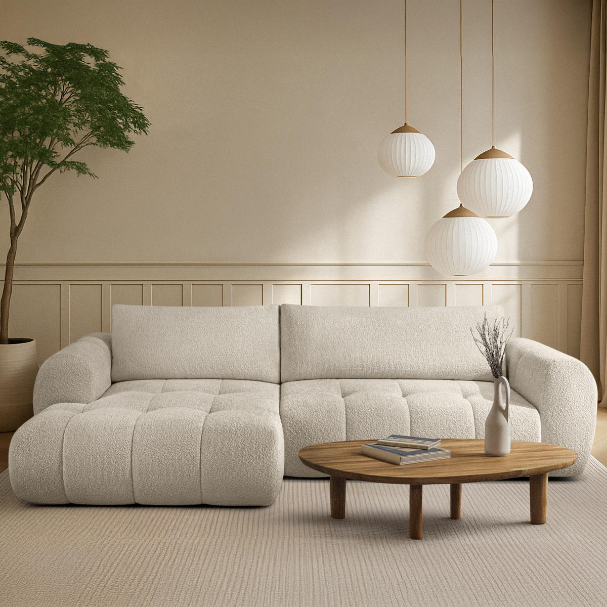ECKSOFA LINKS LIRA, Weiß, Bouclé - Weiß, Holz/Holzwerkstoff (295/112cm) - KONSIMO®