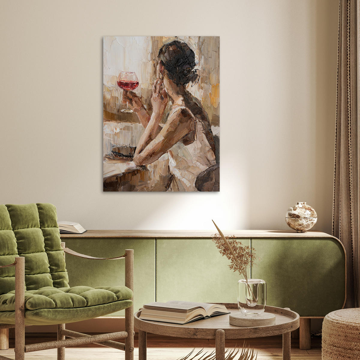 PLAKÁT Olejomalba - Žena - Víno 60x80 cm - světle hnědá, papír (60/80/0.1cm) - MuchoWow