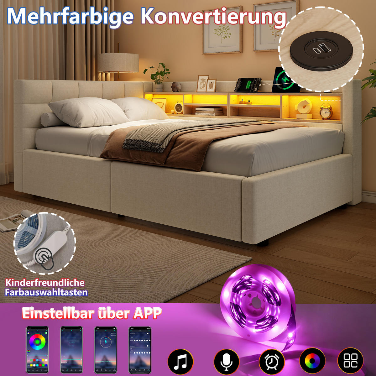 TAGESBETT 90x200cm Schlafsofa Hydraulik LED USB Beige - Beige, Naturmaterialien (90/200cm) - FLIEKS