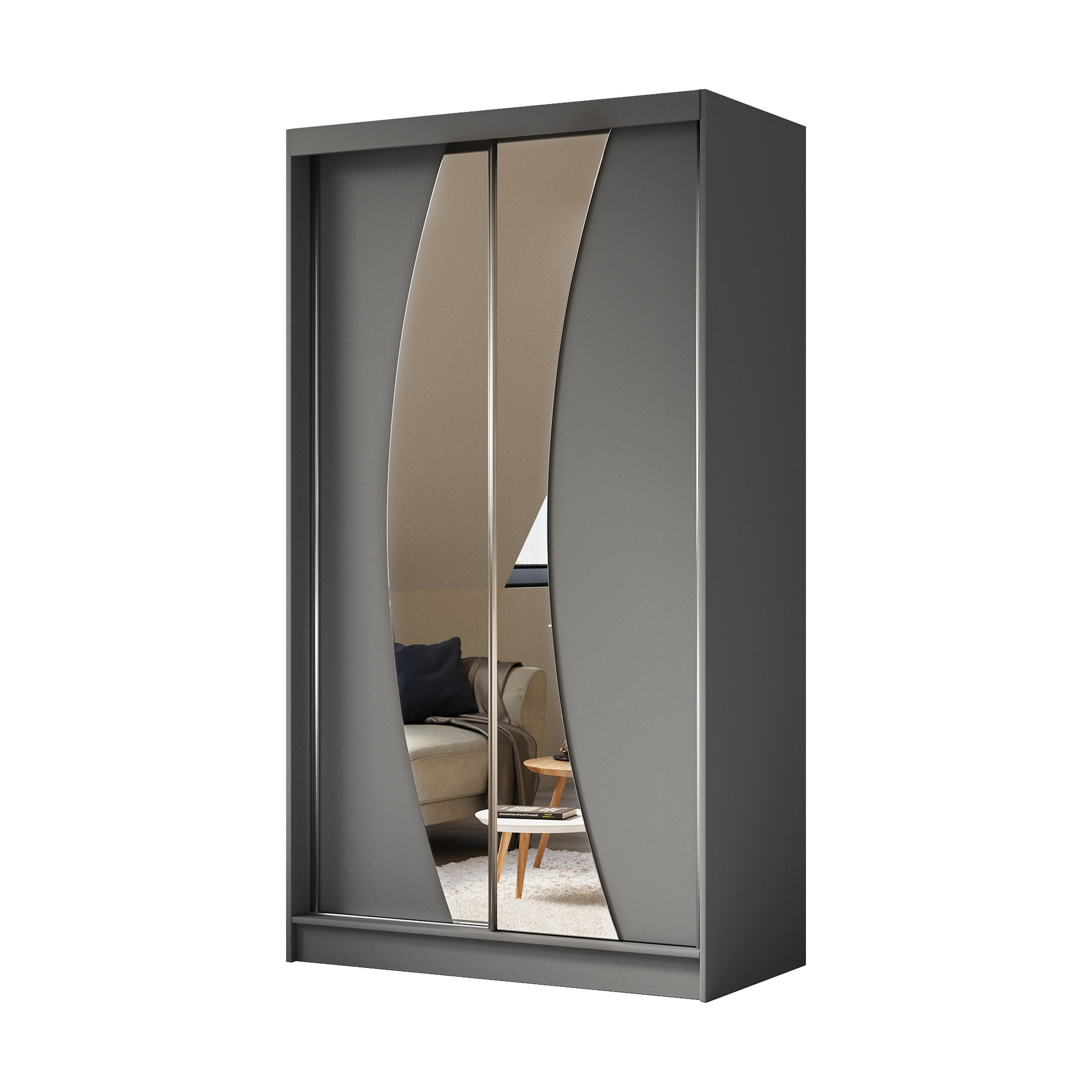 ALTDECOR ŠATNÍ SKŘÍŇ s zrcadlovými posuvnými dveřmi a hliníkovými lamelami – VOXI – 120 cm, šedá