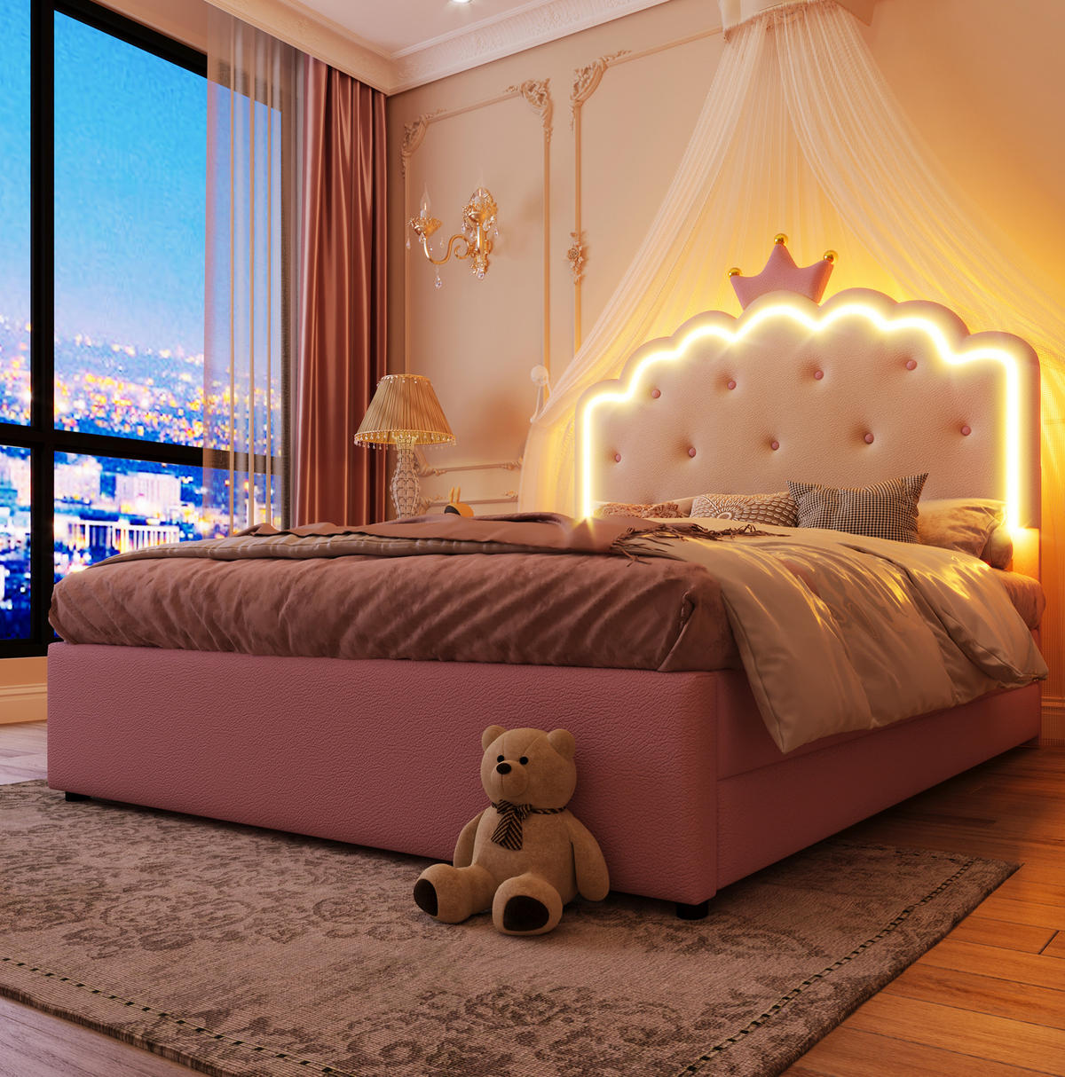 POLSTERBETT 140/200 cm rosa aus PU mit Ausziehbett und LED-Beleuchtung - Rosa, Kunststoff (140/200cm) - OKMYHOME