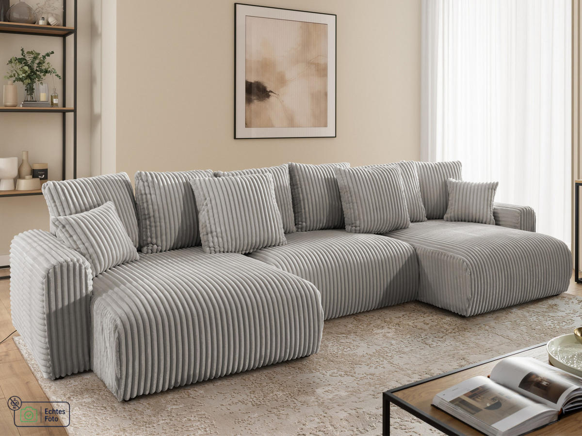 WOHNLANDSCHAFT Calma mit Schlaffunktion und Bettkasten im Bumpy-Design aus weichem Taupe Plüschcord - Taupe/Beige, Holz/Textil (336/88/140cm) - S-Style