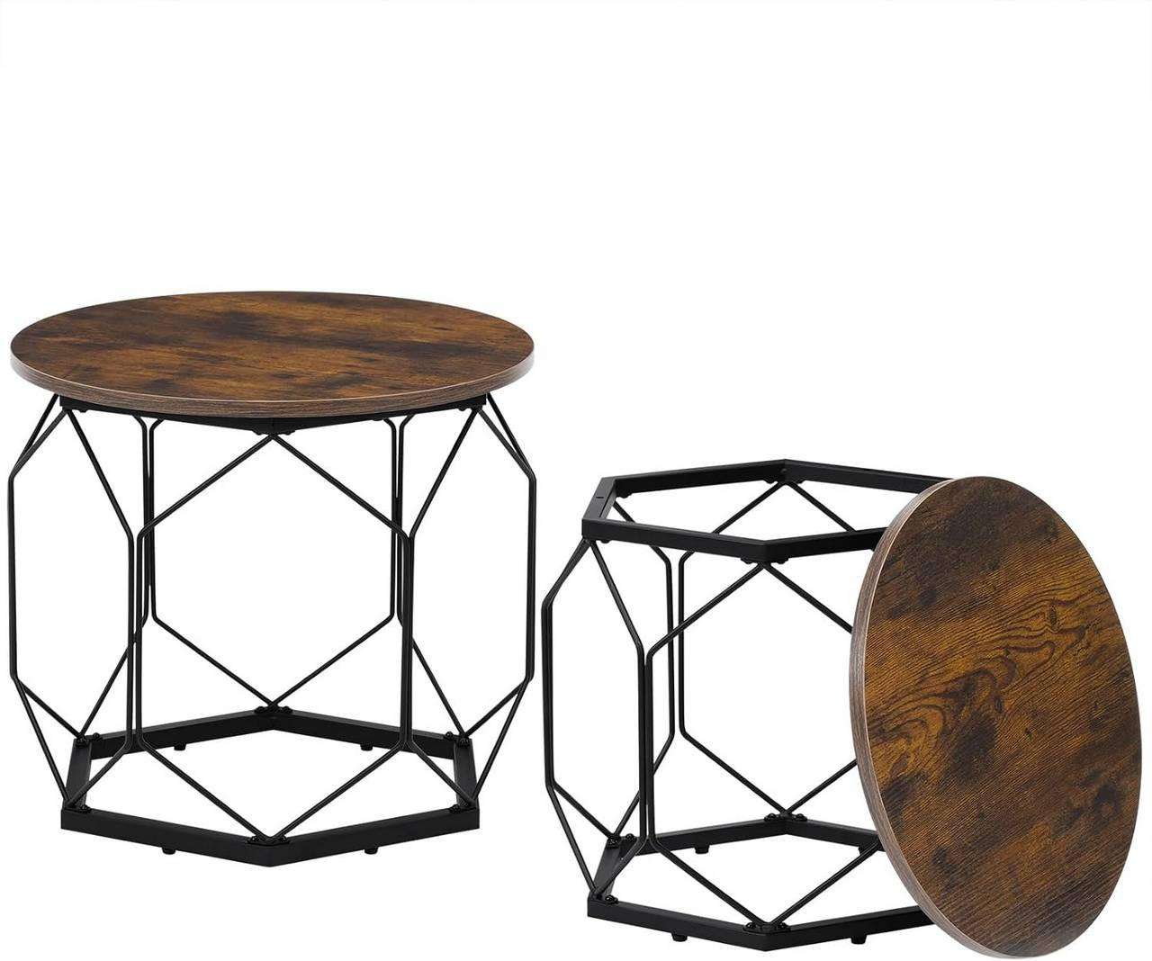 COUCHTISCH 2er Set, rund, Rustikales Braun - Dunkelbraun/Schwarz, Holzwerkstoff/Metall (50/50/45cm) - Woltu