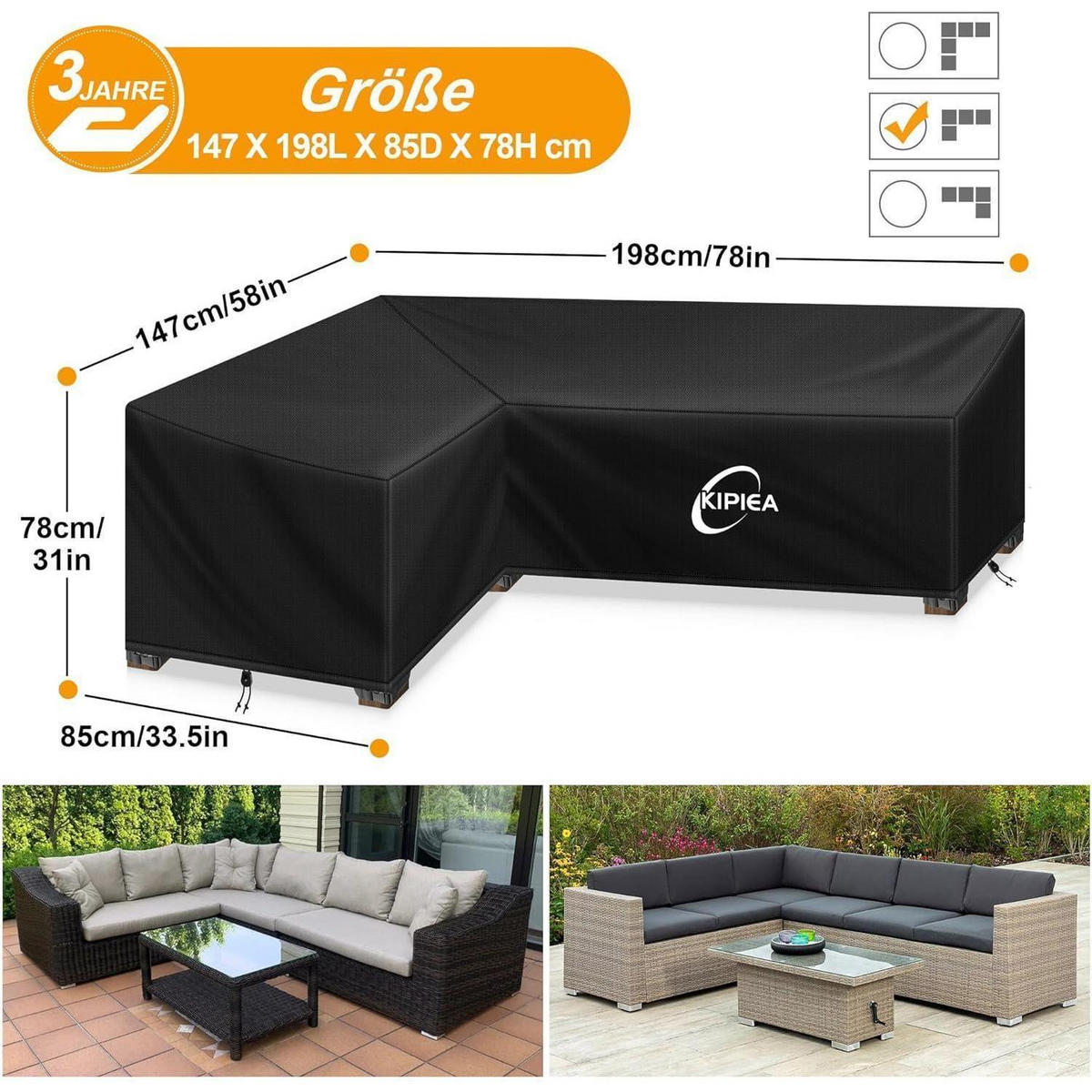 ABDECKUNG Loungemöbel L-Form Wasserdicht 147x198x85x78cm - Schwarz, Kunststoff (147/85/198cm)