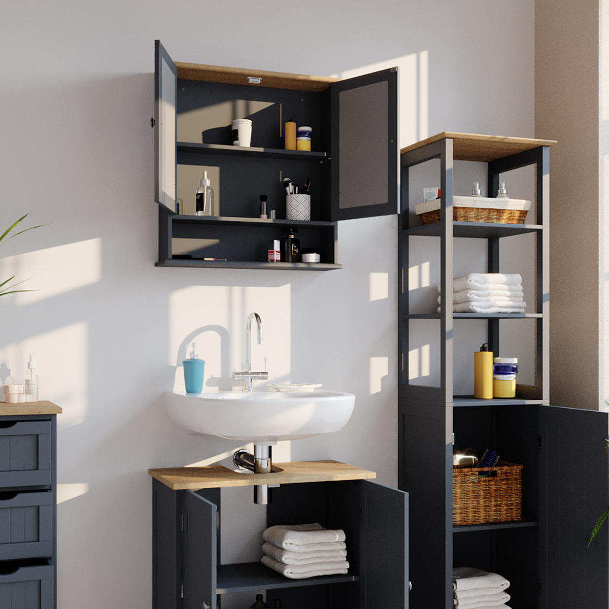 BADSPIEGELSCHRANK Bianco Grau 56 x 58 cm - Grau, Holzwerkstoff (56/58/13cm) - Vicco