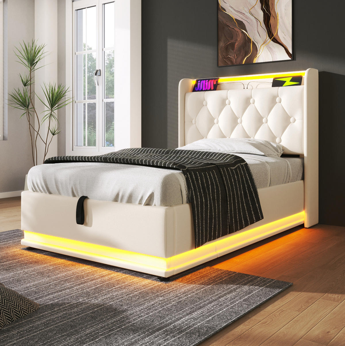 POLSTERBETT mit LED und Stauraum 90x200 cm PU Weiß mit Matratze - Weiß, Metall (90/200cm) - Meubliv
