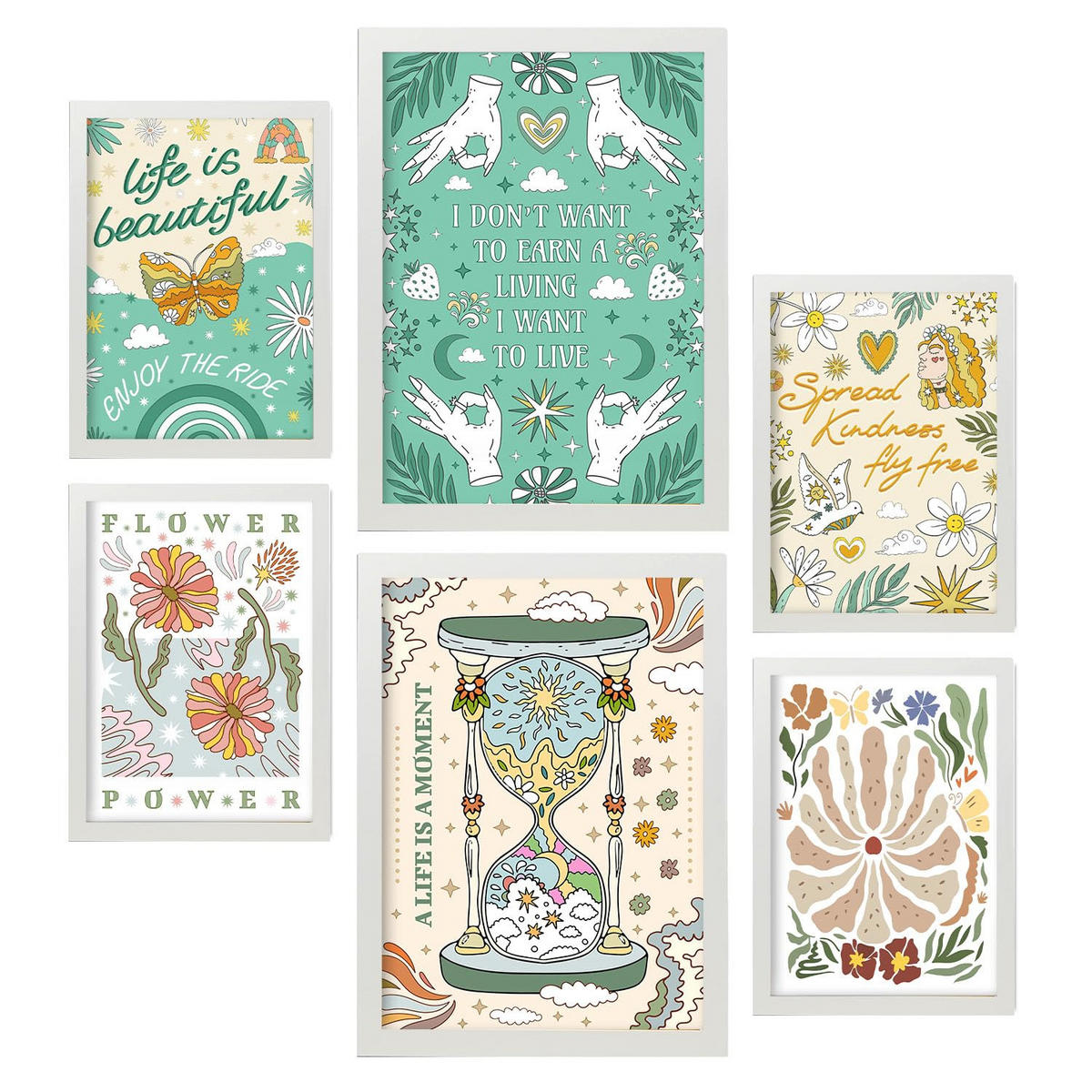 POSTER Set Mit 6 Drucken Von Live In Brilliant Groovy Style Postersammlung Dekorative Rahmen Für Ihr Zuhause Wandkunstdruck A3 & A4 Weißer Rahmen - Weiß, Papier (29/3cm) - Nacnic