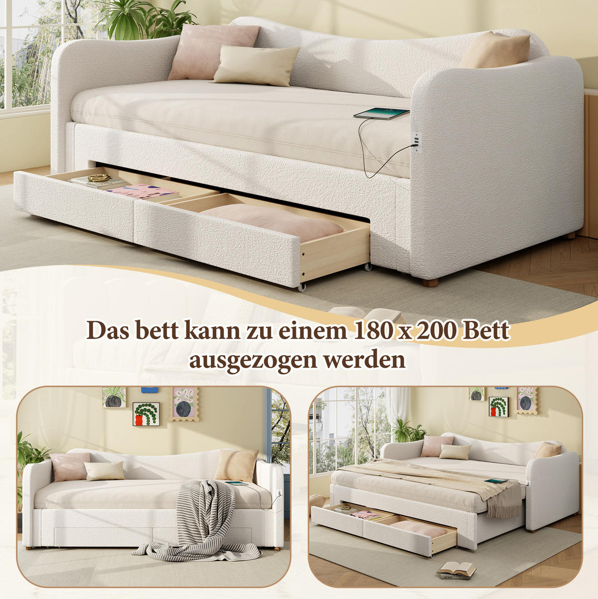 POLSTERBETT 90/200 cm beige aus Bouclé mit Ausziehfunktion, 2 Schubladen und USB - Beige, Holzwerkstoff (90/200cm) - OKWISH