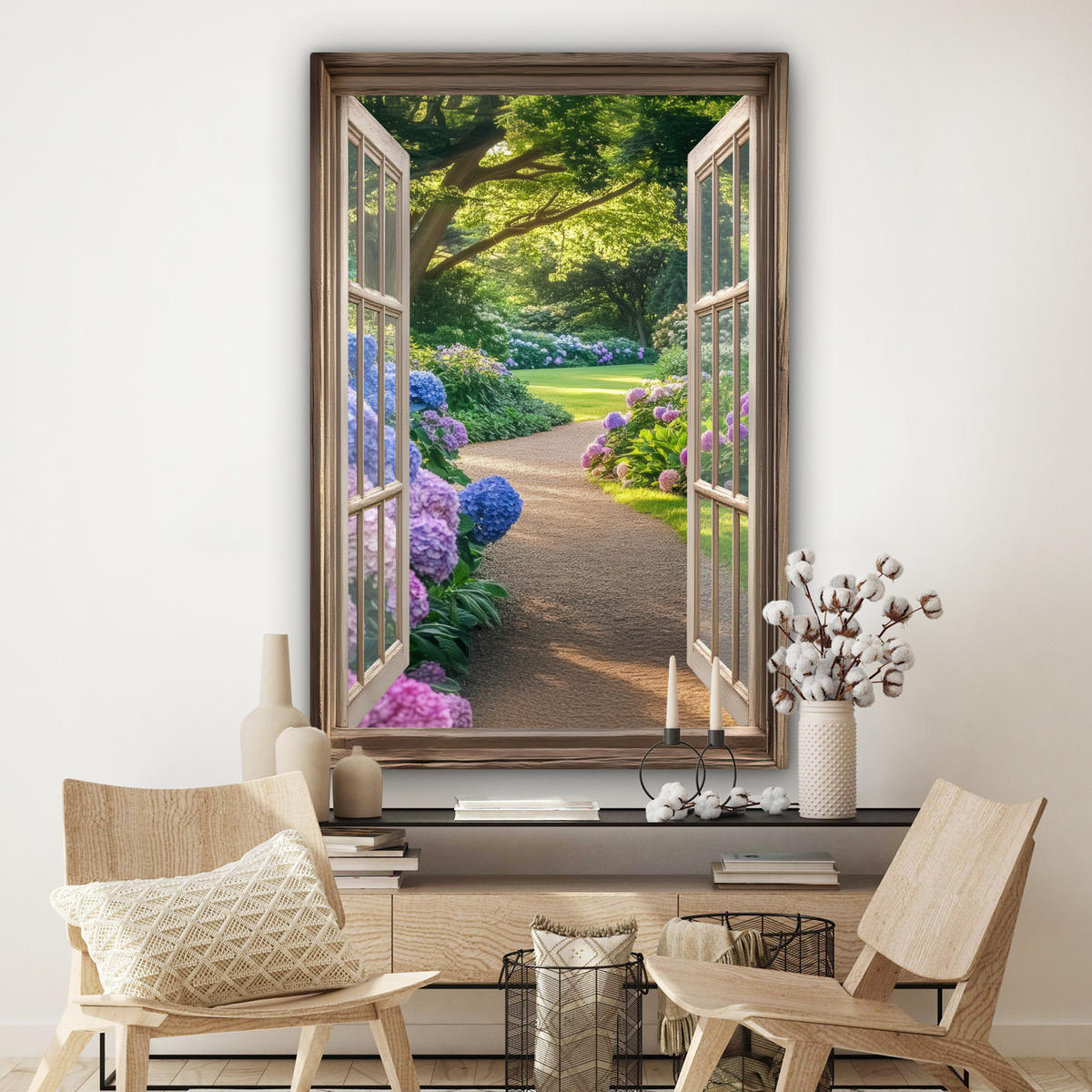 SLIKA NA PLATNU Pogled skozi okno 90x140 cm - pastelno modra, tekstil (90/140cm) - MuchoWow