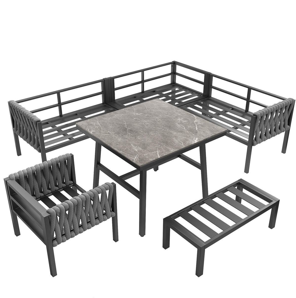 GARTENMÖBELSET 238/61/78 cm grau aus Metall und Polyester mit Kissen und Glastisch - Grau, Metall - OKWISH