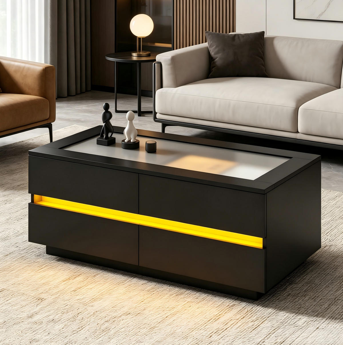 COUCHTISCH aus Spanplatte 100x50x40 cm Schwarz mit 4 Schubladen, LED-Beleuchtung und Glasplatte - Schwarz, Holzwerkstoff (100/50/40cm) - IVMEU
