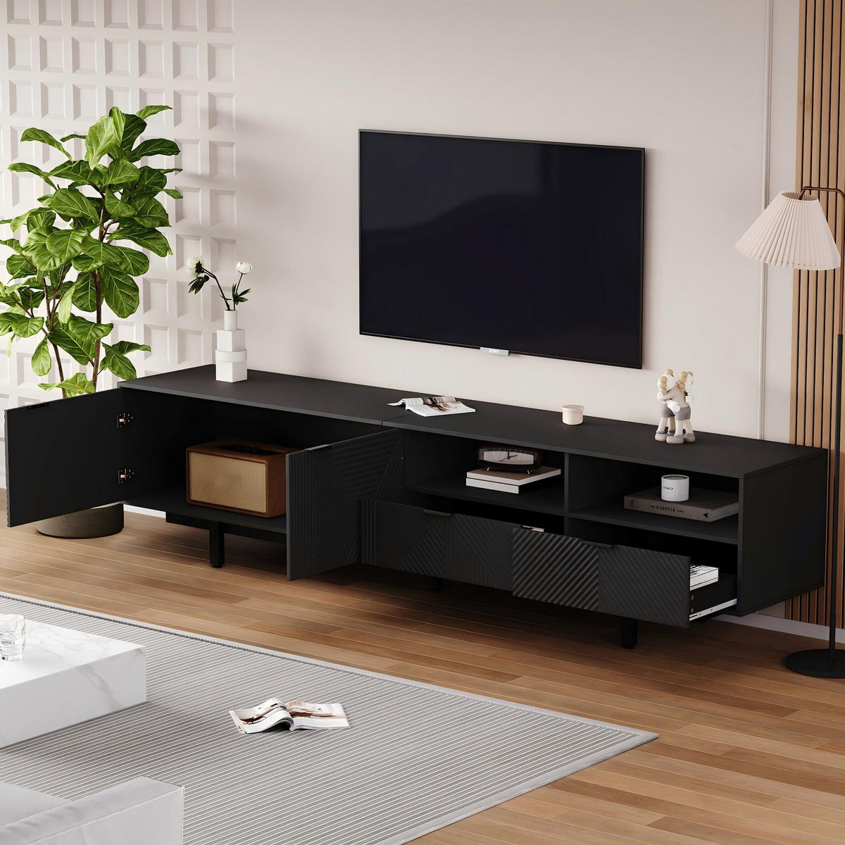 TV-ELEMENT200CM schwarz für 90ZollTV mit Stauraum und Kabelmanagement - Schwarz, Holz (52.07/12.19/115.06cm) - Raelunyi