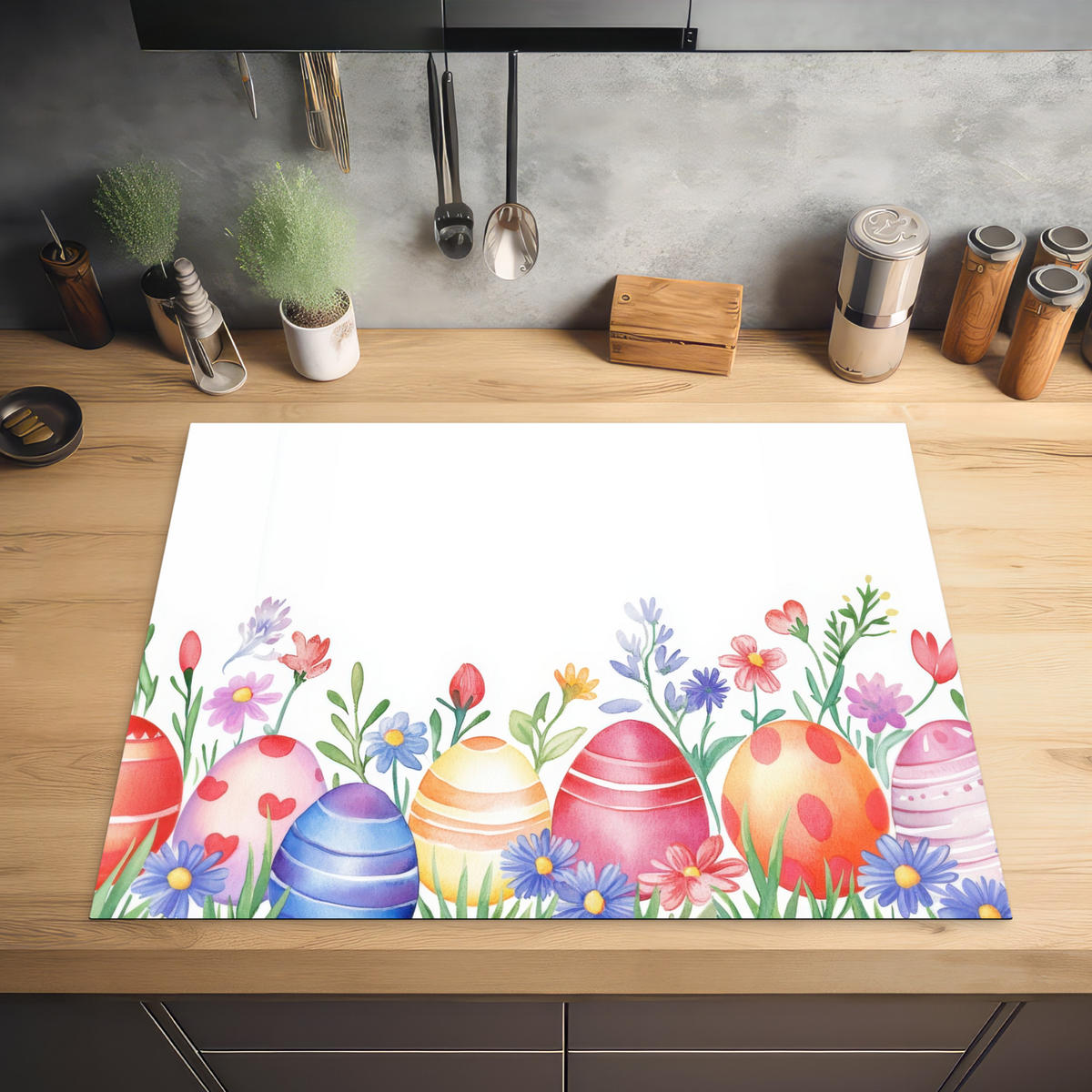 HERDABDECKPLATTE Blumengarten - Bunt - Eier Induktionsmatte 77x59 cm - Weiß, Kunststoff (77/59/0.2cm) - MuchoWow