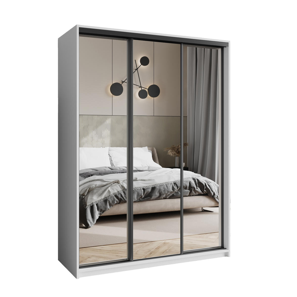 SCHWEBETÜRENSCHRANK RIEN 150/205/60 cm 3-türig mit Spiegel Weiß - Weiß, Holzwerkstoff (150/205/60cm) - MASSENO