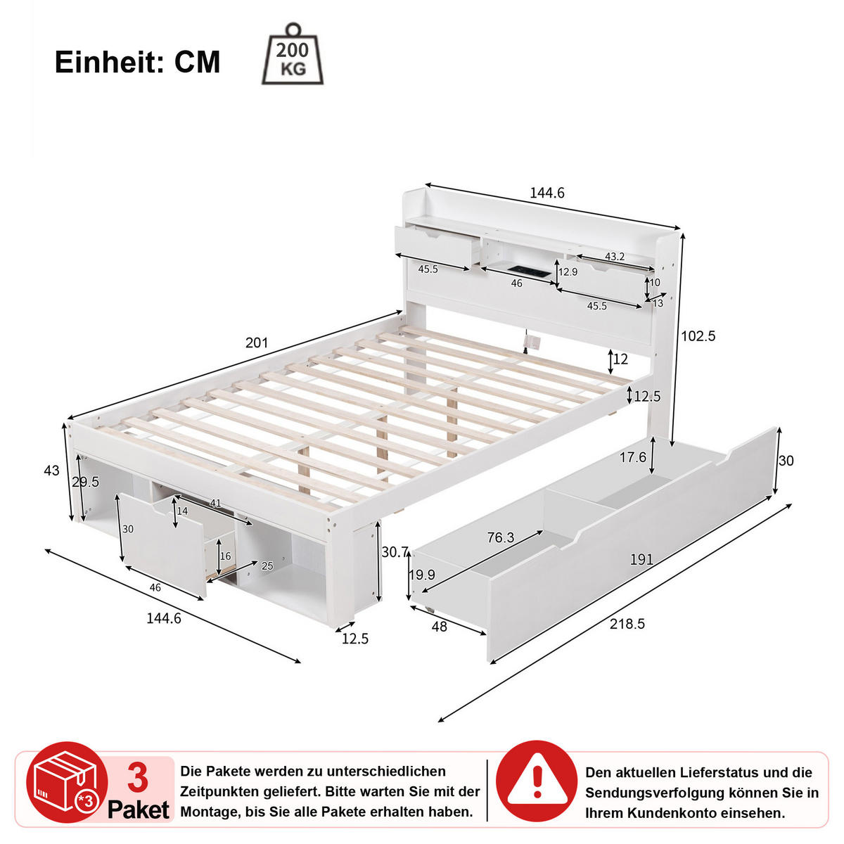 BETT 140/200 cm in Weiß mit Schubladen, Stauraum, USB und Type-C aus Kiefernholz - Weiß, Holz/Holzwerkstoff (140/200cm) - CHICFURN