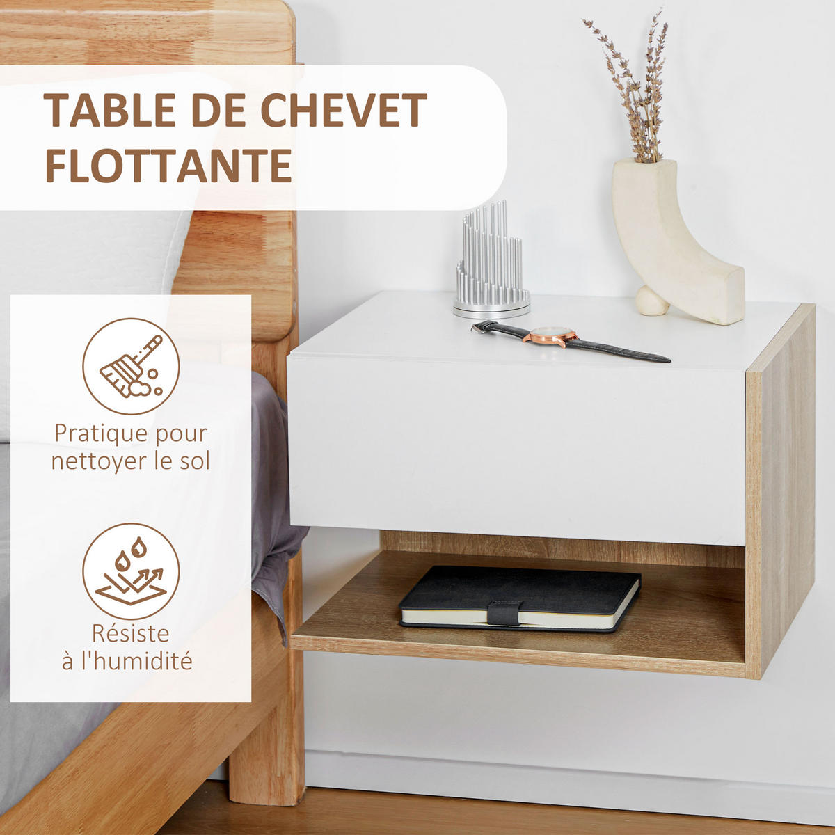 NACHTSCHRANK 2er-Set DE-12807 Schublade und offenes Fach Weiß/Eiche hell - Weiß, Holzwerkstoff (30/30/46cm) - ComfortXL