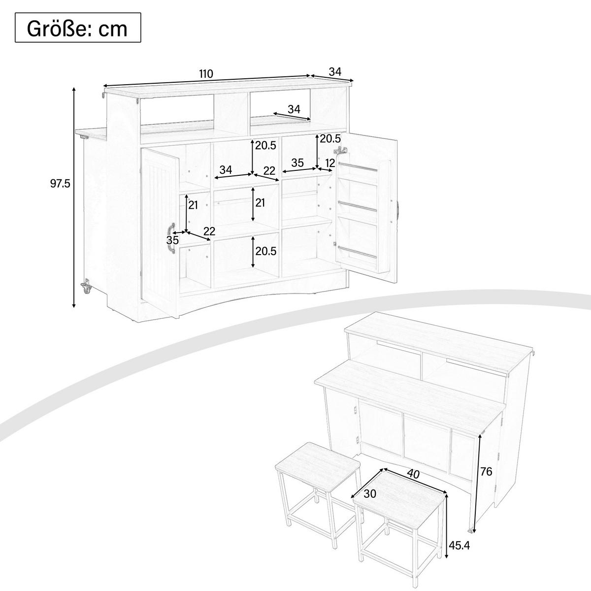 KÜCHENINSEL & Sideboard 110x68x97.5cm Weiß MDF mit Klappplatte & Stauraum - Weiß, Holzwerkstoff (110/97.5/68cm) - Modfu
